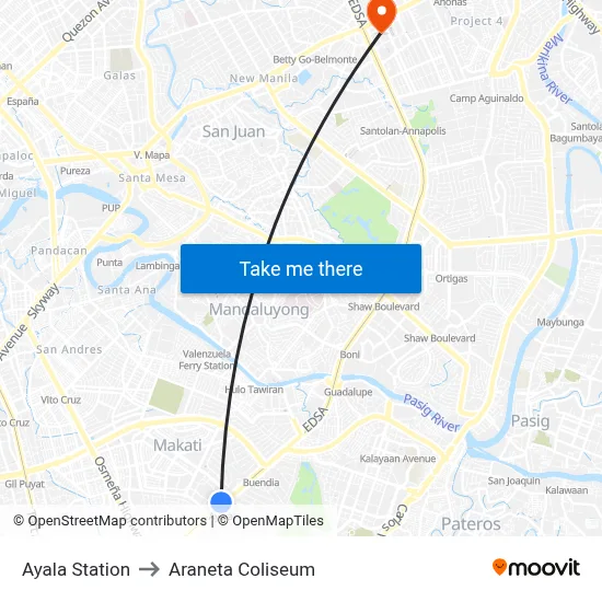 Ayala Station to Araneta Coliseum map