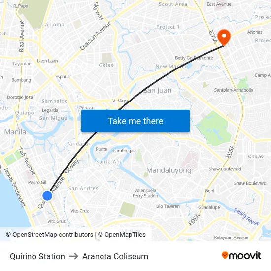 Quirino Station to Araneta Coliseum map