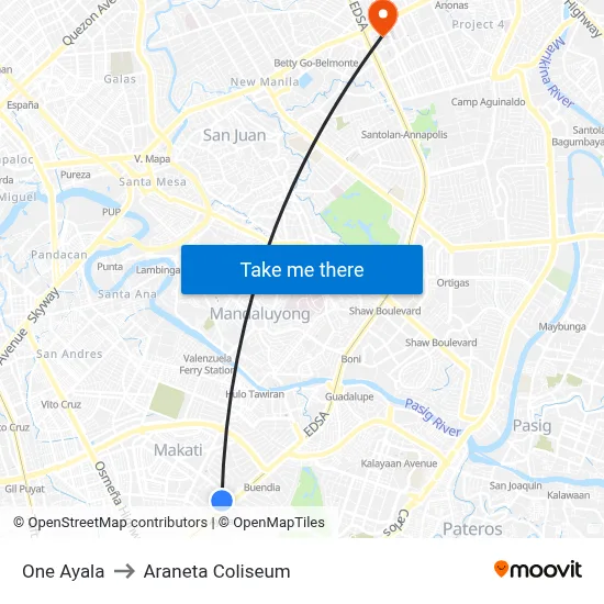 Intercontinental Manila to Araneta Coliseum map