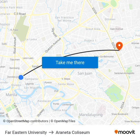 Far Eastern University to Araneta Coliseum map