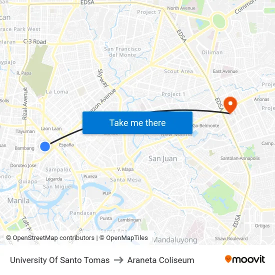 University Of Santo Tomas to Araneta Coliseum map