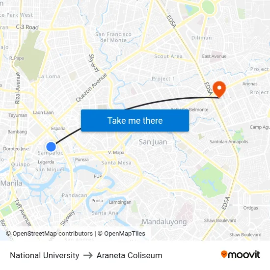 National University to Araneta Coliseum map