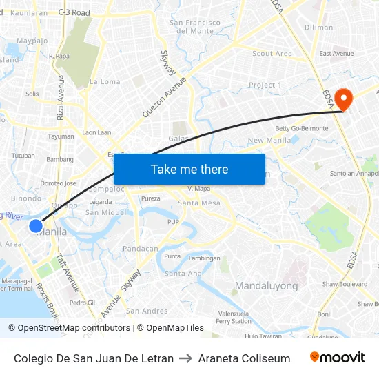 Colegio De San Juan De Letran to Araneta Coliseum map