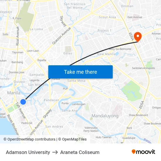 Adamson University to Araneta Coliseum map