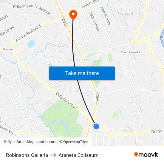 Robinsons Galleria to Araneta Coliseum map