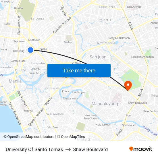 University Of Santo Tomas to Shaw Boulevard map