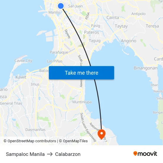 Sampaloc Manila to Calabarzon map