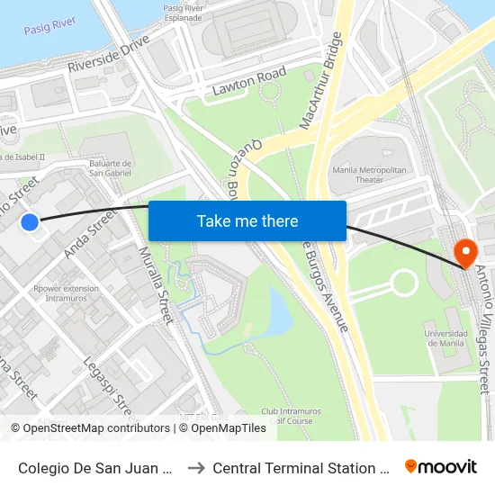 Colegio De San Juan De Letran to Central Terminal Station LRT Line 1 map