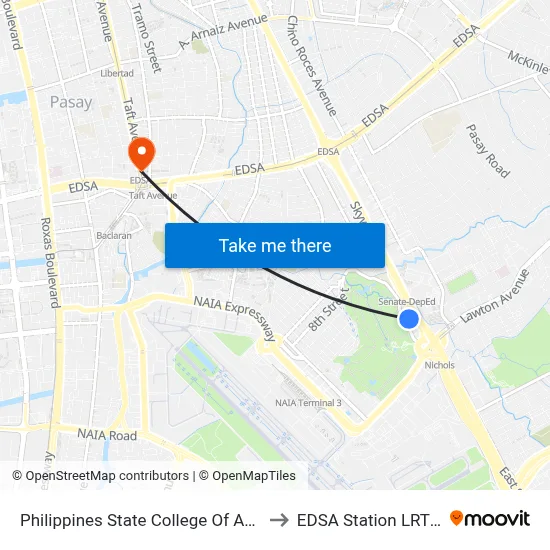 Philippines State College Of Aeronautics to EDSA Station LRT Line 1 map
