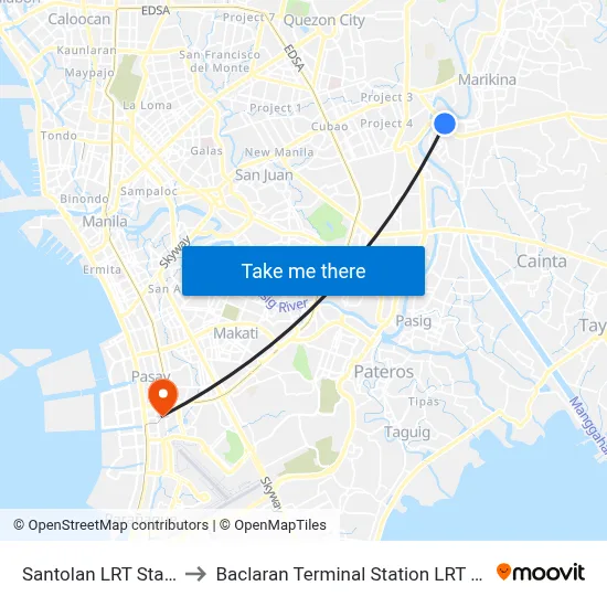 Santolan LRT Station to Baclaran Terminal Station LRT Line 1 map