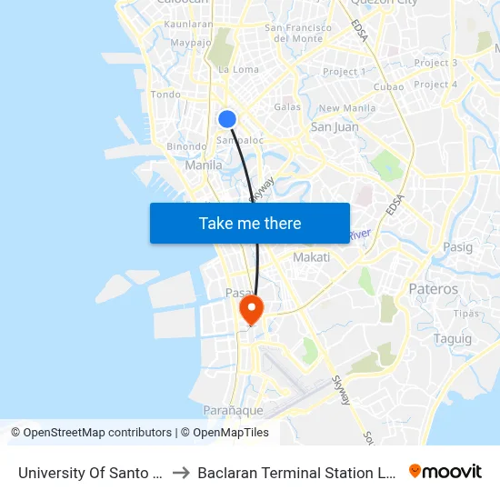 University Of Santo Tomas to Baclaran Terminal Station LRT Line 1 map