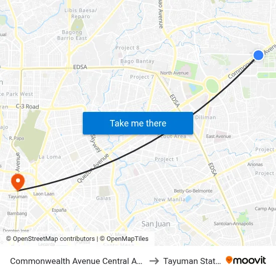 Commonwealth Avenue Central Avenue Intersection Quezon City to Tayuman Station LRT Line 1 map