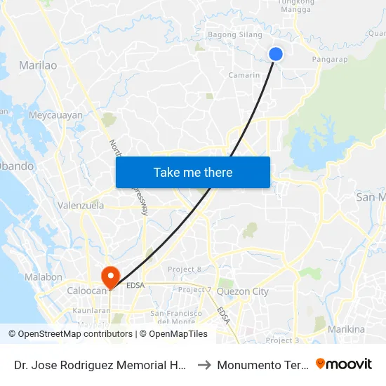 Dr. Jose Rodriguez Memorial Hospital, St Joseph, City of San Jose del Monte to Monumento Terminal Station LRT Line 1 map