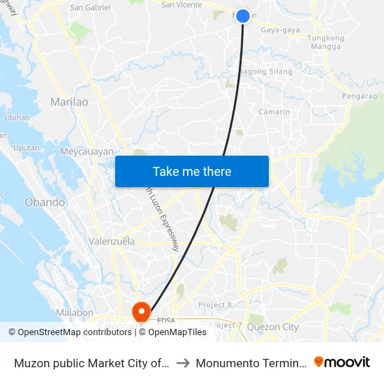 Muzon public Market City of San Jose del Monte Manila to Monumento Terminal Station LRT Line 1 map