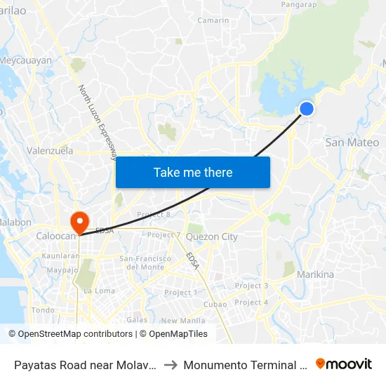 Payatas Road near Molave Street Quezon City to Monumento Terminal Station LRT Line 1 map