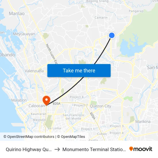 Quirino Highway Quezon City to Monumento Terminal Station LRT Line 1 map
