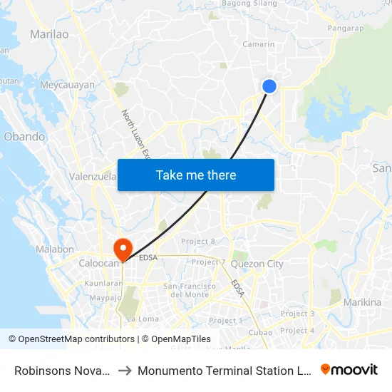 Robinsons Novaliches to Monumento Terminal Station LRT Line 1 map