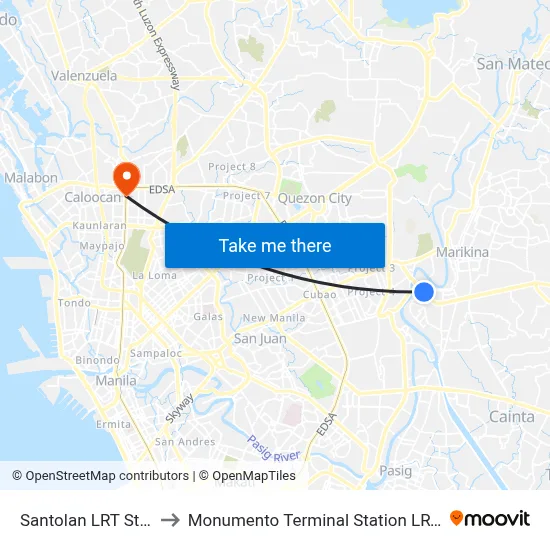 Santolan LRT Station to Monumento Terminal Station LRT Line 1 map