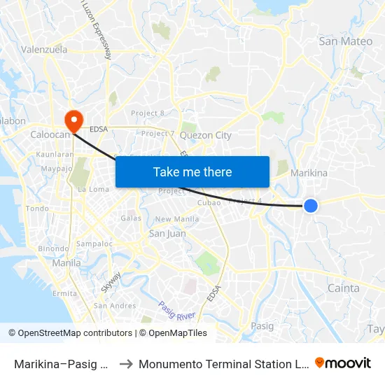 Marikina–Pasig Station to Monumento Terminal Station LRT Line 1 map