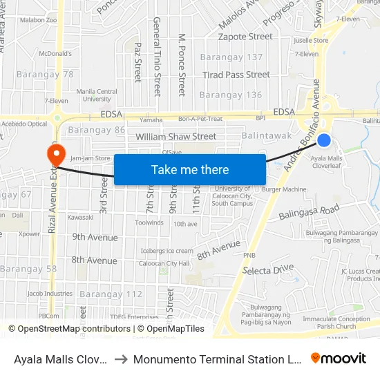 Ayala Malls Cloverleaf to Monumento Terminal Station LRT Line 1 map