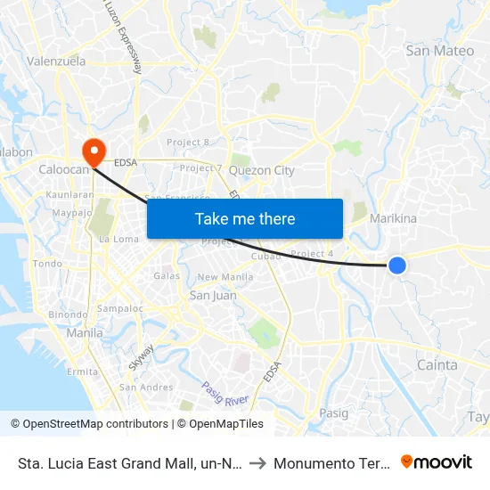 Sta. Lucia East Grand Mall, un-Named Road Near Felix Road, Cainta, Manila to Monumento Terminal Station LRT Line 1 map