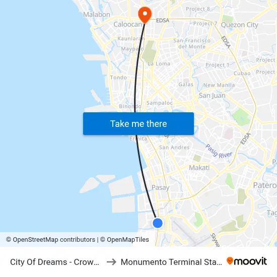 City Of Dreams - Crown Hotel Manila to Monumento Terminal Station LRT Line 1 map