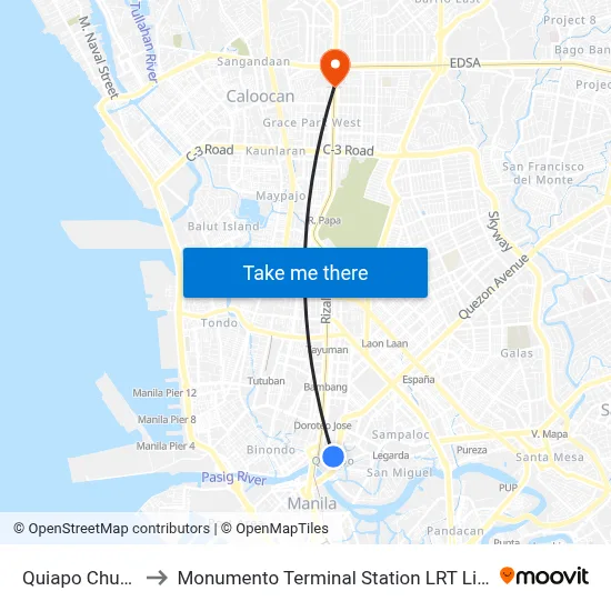Quiapo Church to Monumento Terminal Station LRT Line 1 map