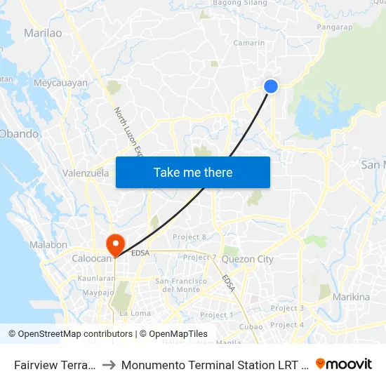 Fairview Terraces to Monumento Terminal Station LRT Line 1 map