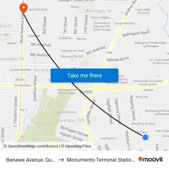 Banawe Avenue, Quezon City to Monumento Terminal Station LRT Line 1 map