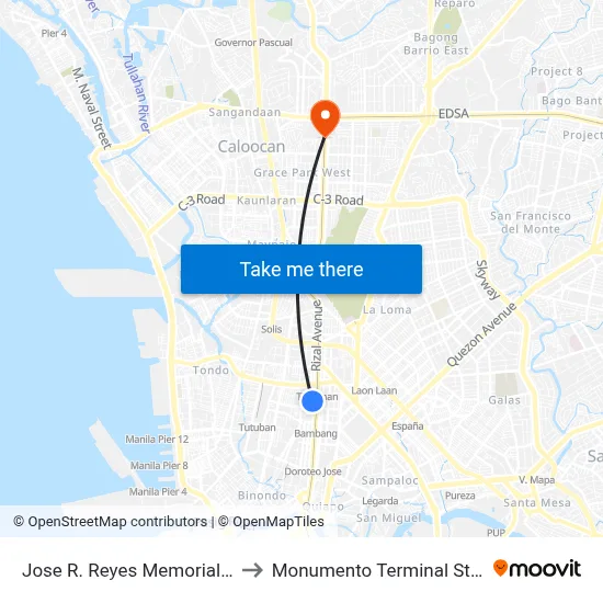 Jose R. Reyes Memorial Medical Center to Monumento Terminal Station LRT Line 1 map