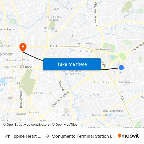 Philippine Heart Center to Monumento Terminal Station LRT Line 1 map