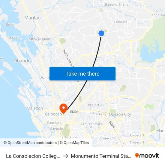 La Consolacion College Novaliches to Monumento Terminal Station LRT Line 1 map