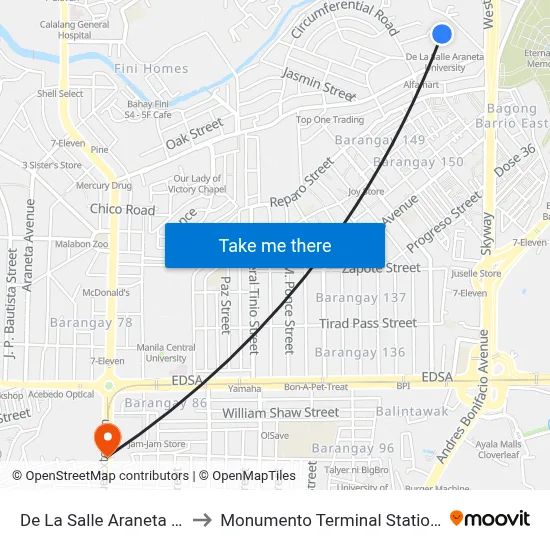 De La Salle Araneta University to Monumento Terminal Station LRT Line 1 map