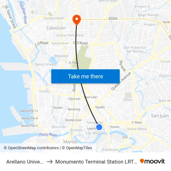 Arellano University to Monumento Terminal Station LRT Line 1 map