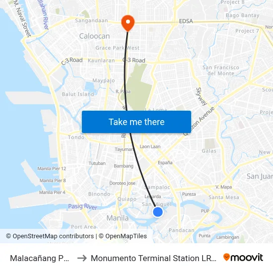 Malacañang Palace to Monumento Terminal Station LRT Line 1 map