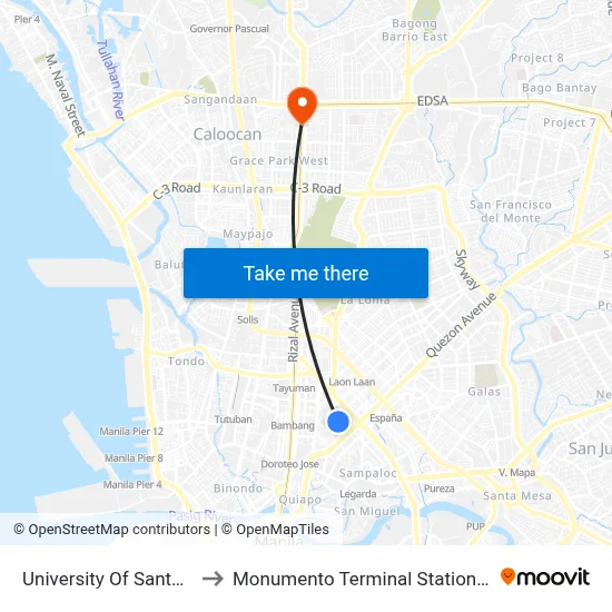 University Of Santo Tomas to Monumento Terminal Station LRT Line 1 map