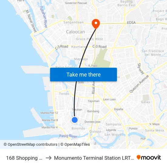 168 Shopping Mall to Monumento Terminal Station LRT Line 1 map