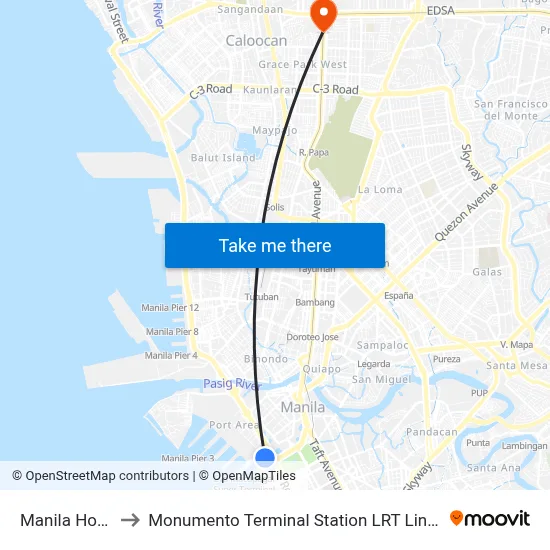 Manila Hotel to Monumento Terminal Station LRT Line 1 map