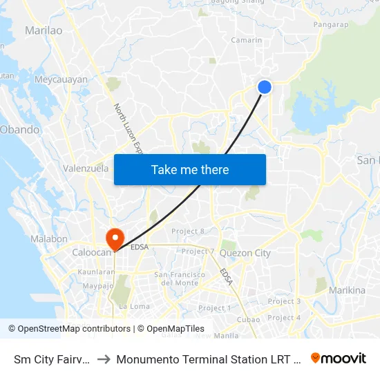 Sm City Fairview to Monumento Terminal Station LRT Line 1 map