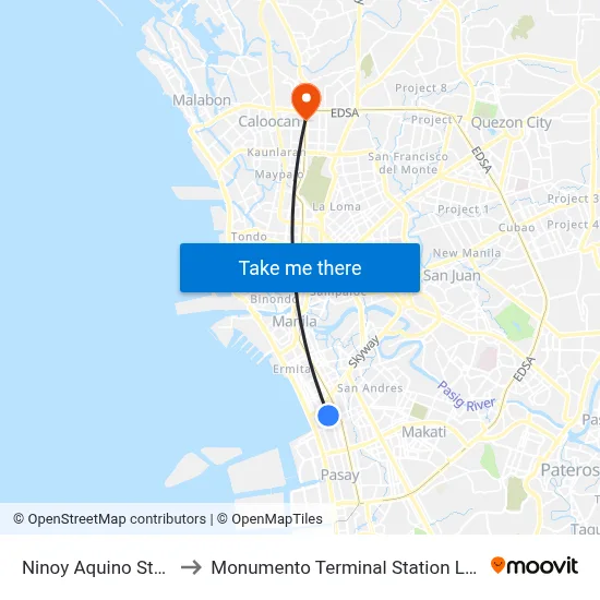 Ninoy Aquino Stadium to Monumento Terminal Station LRT Line 1 map