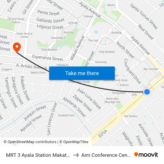 MRT 3 Ayala Station Makati City Manila to Aim Conference Center Manila map