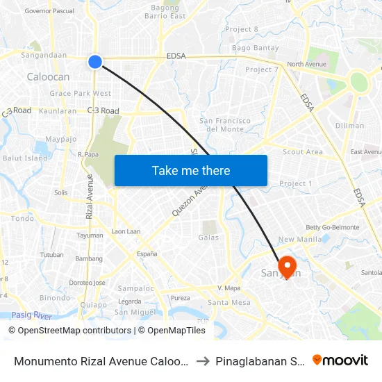 Monumento Rizal Avenue Caloocan City to Pinaglabanan Shrine map