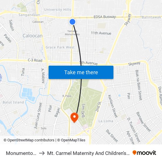 Monumento Lrt to Mt. Carmel Maternity And Children's Clinic map