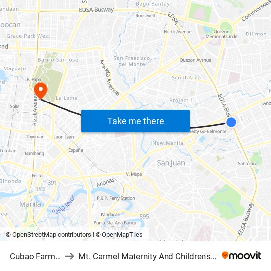 Cubao Farmers to Mt. Carmel Maternity And Children's Clinic map