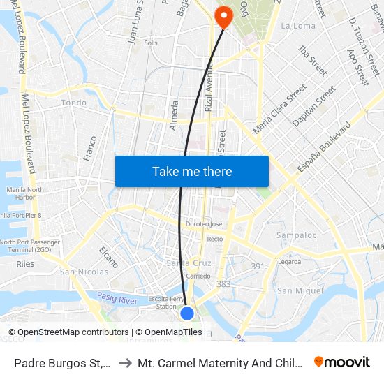 Padre Burgos St, Manila to Mt. Carmel Maternity And Children's Clinic map