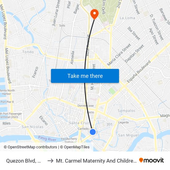Quezon Blvd, Manila to Mt. Carmel Maternity And Children's Clinic map