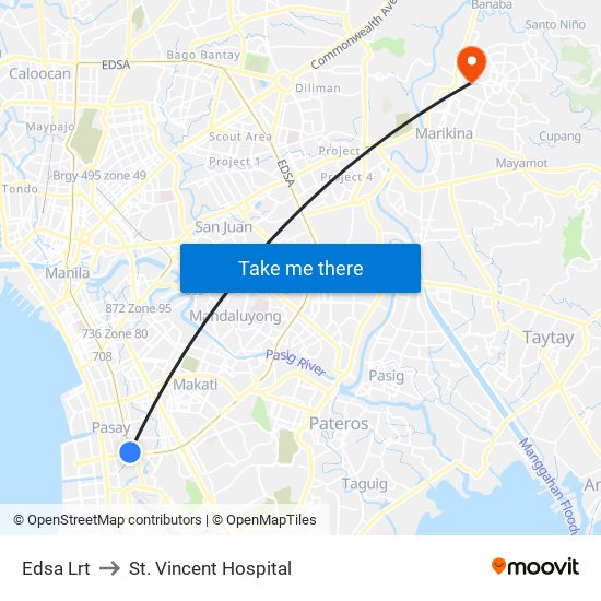 Edsa Lrt to St. Vincent Hospital map