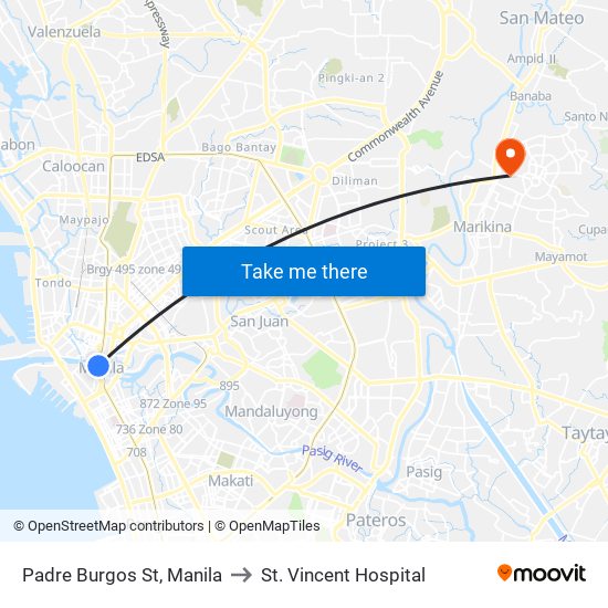 Padre Burgos St, Manila to St. Vincent Hospital map