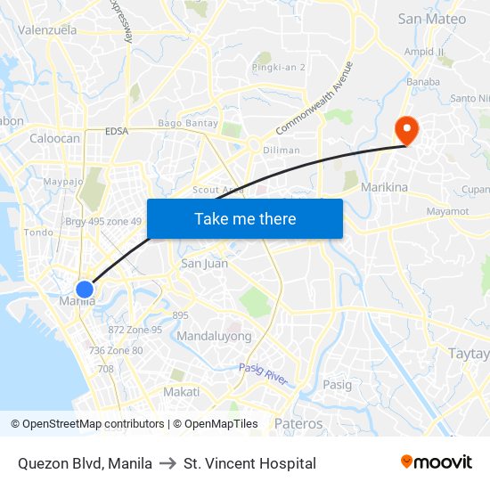 Quezon Blvd, Manila to St. Vincent Hospital map