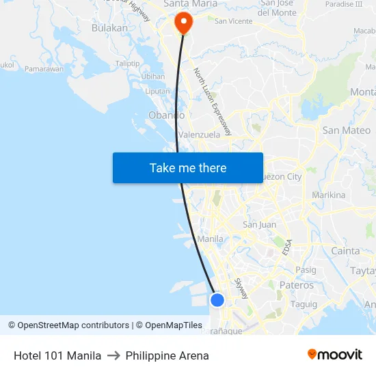 Hotel 101 Manila to Philippine Arena map